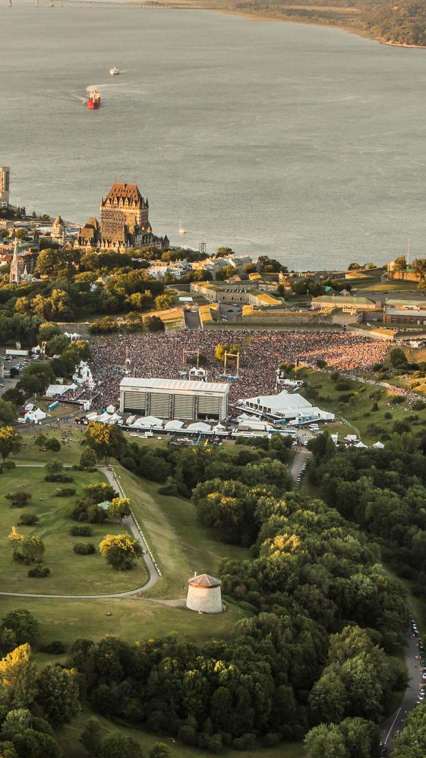 Québec City's Plains of Abraham and St. Lawrence River from the sky in Summer.