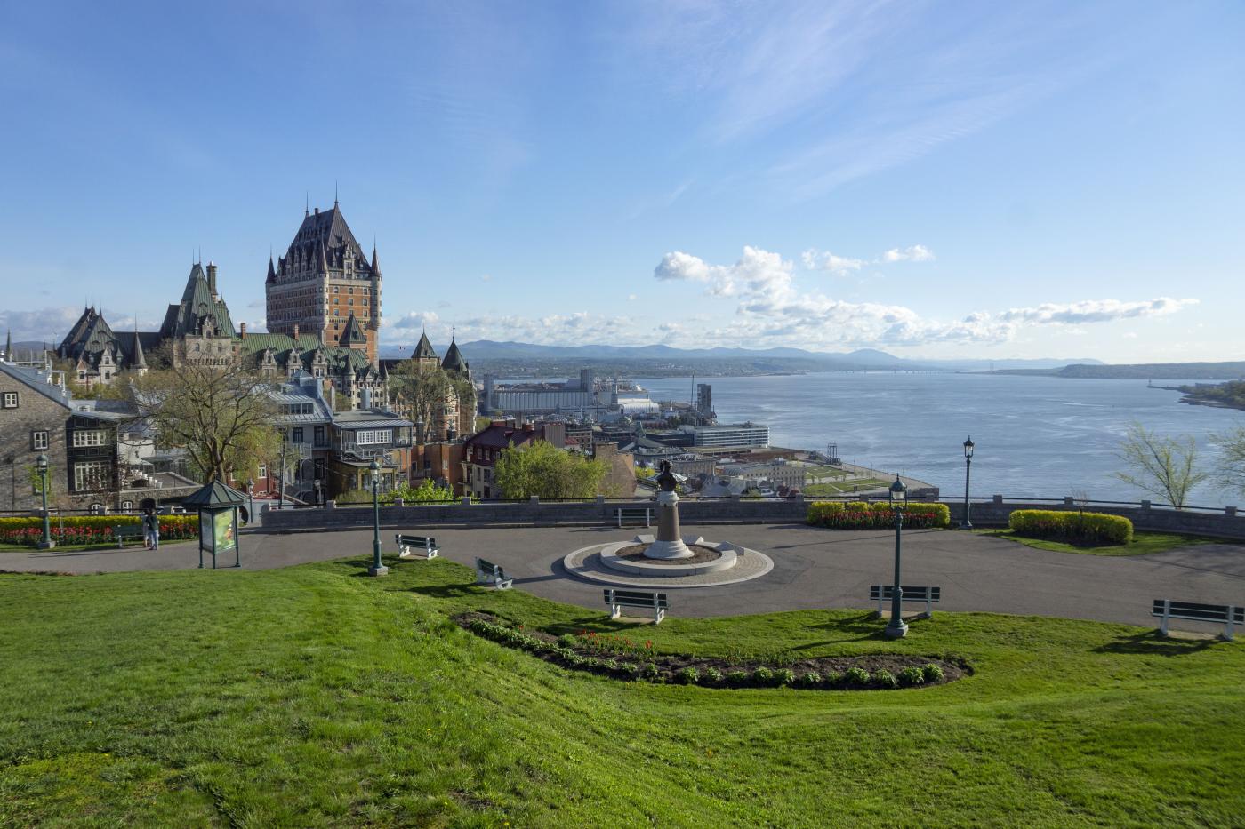 Panoramic view of Québec City from the plains of abraham with the Chateau Frontenac hotel on Saint Laurent river on it