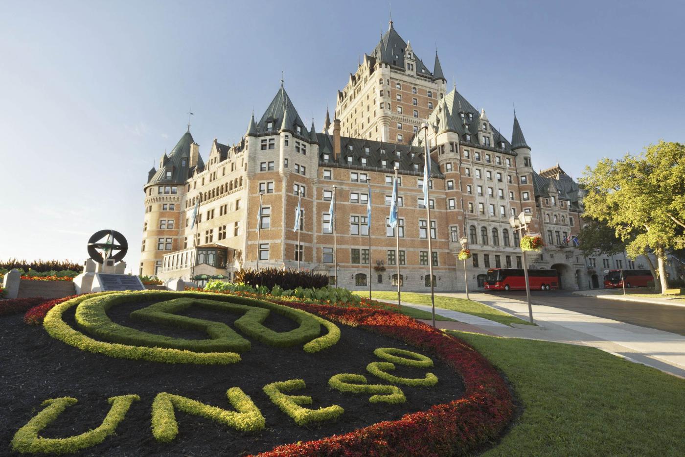 Exterior View of the Chateau Frontenac with a UNESCO landscape display