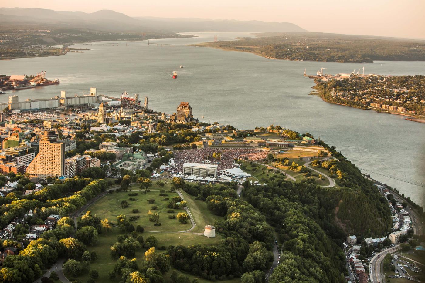 Québec City's Plains of Abraham and St. Lawrence River from the sky in Summer.