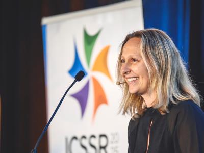 Professor Sylvie Parent, director of the Research Chair in Safety and Integrity in Sports at Université Laval, delivers a speech at the 1st International Congress on Safe Sport Research held at the Québec City Convention Centre.