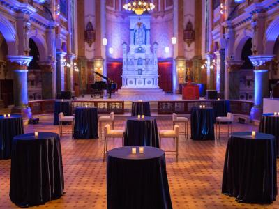 The chapel of the Museum of French-speaking America in the evening.