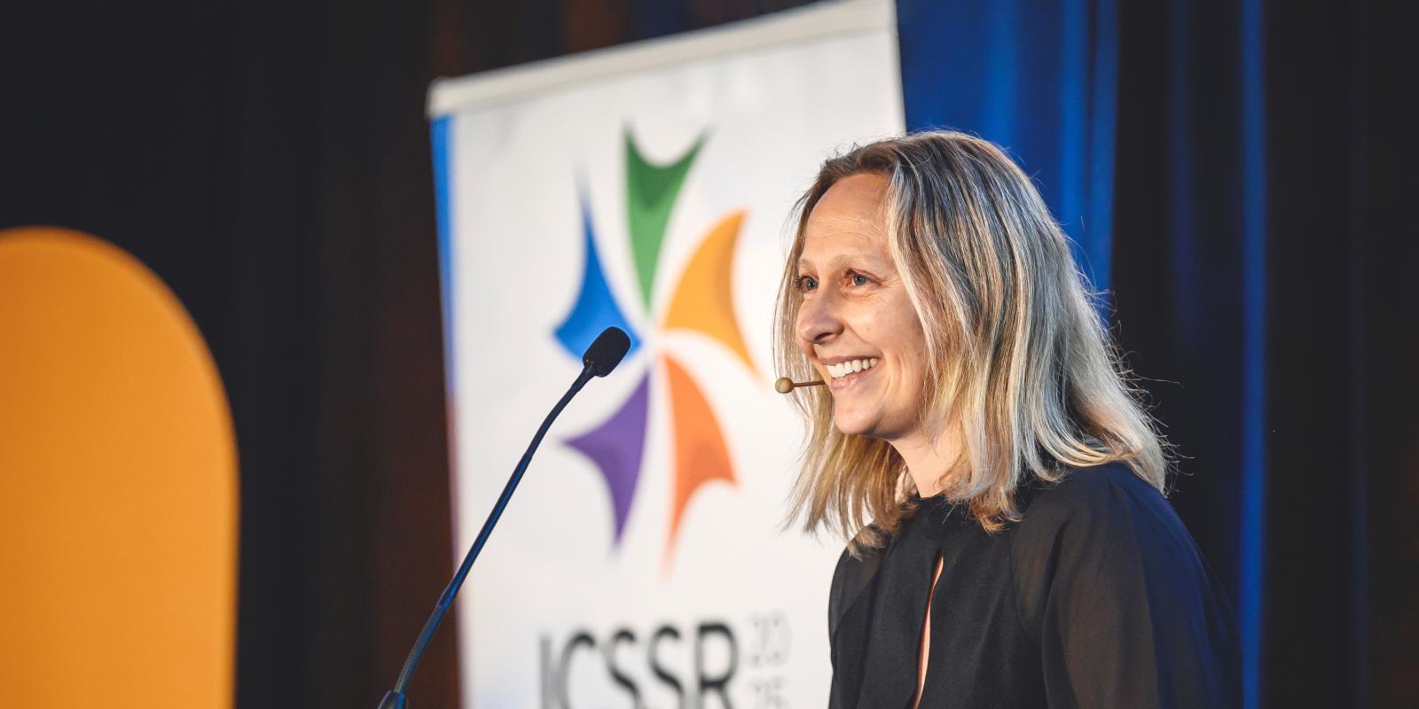 Professor Sylvie Parent, director of the Research Chair in Safety and Integrity in Sports at Université Laval, delivers a speech at the 1st International Congress on Safe Sport Research held at the Québec City Convention Centre.