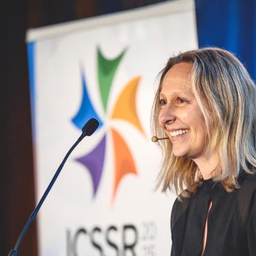 Professor Sylvie Parent, director of the Research Chair in Safety and Integrity in Sports at Université Laval, delivers a speech at the 1st International Congress on Safe Sport Research held at the Québec City Convention Centre.